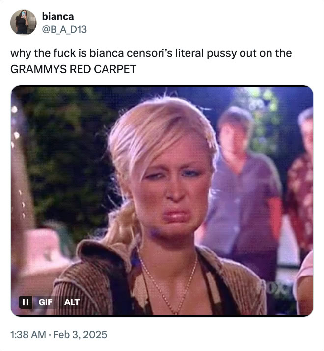 why the fuck is bianca censori’s literal pussy out on the GRAMMYS RED CARPET