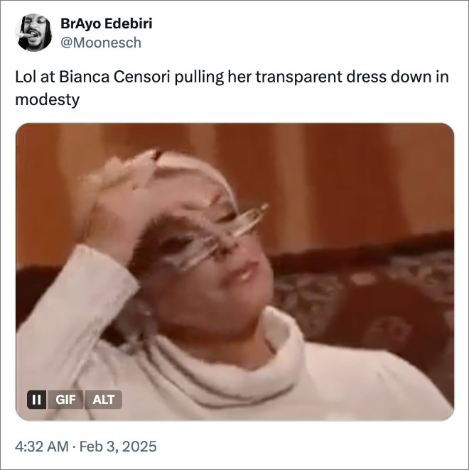 Lol at Bianca Censori pulling her transparent dress down in modesty