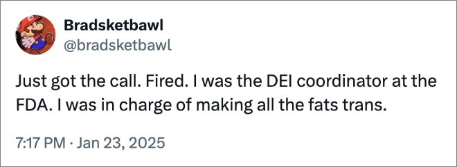 Just got the call. Fired. I was the DEI coordinator at the FDA. I was in charge of making all the fats trans.