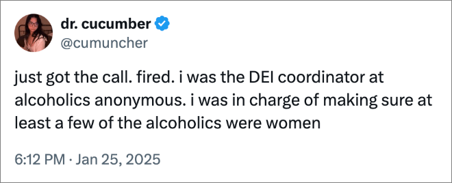 just got the call. fired. i was the DEI coordinator at alcoholics anonymous. i was in charge of making sure at least a few of the alcoholics were women