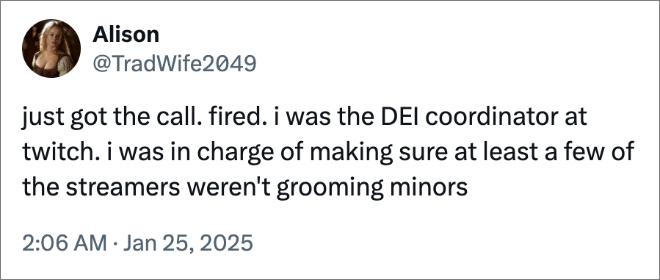 just got the call. fired. i was the DEI coordinator at twitch. i was in charge of making sure at least a few of the streamers weren't grooming minors