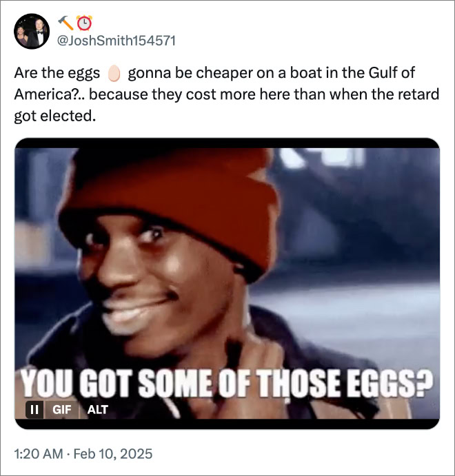 Eggs gonna be cheaper on a boat in the Gulf of America?