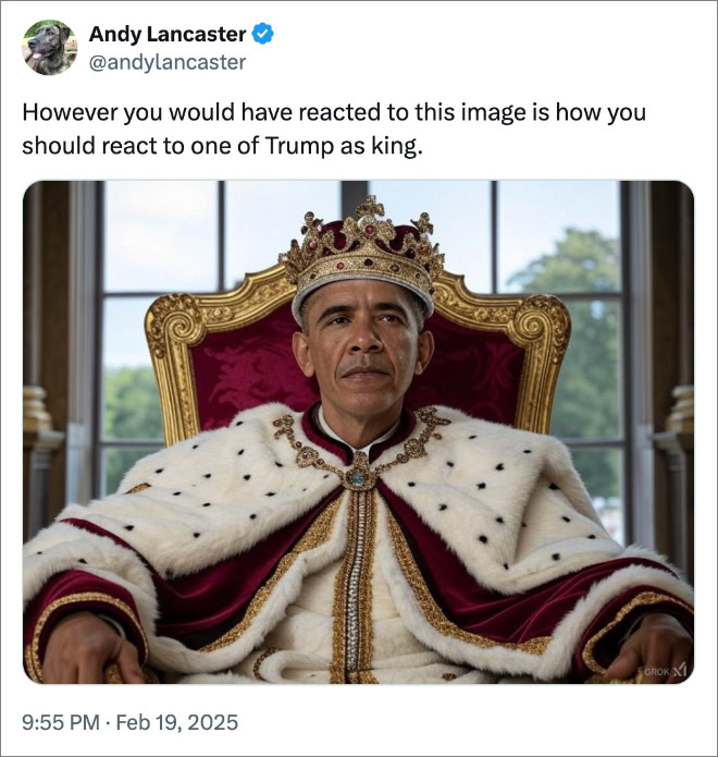 However you would have reacted to this image is how you should react to one of Trump as king.