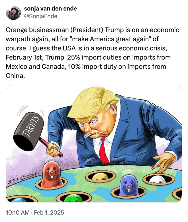 Orange businessman (President) Trump is on an economic warpath again, all for "make America great again" of course. I guess the USA is in a serious economic crisis, February 1st, Trump 25% import duties on imports from Mexico and Canada, 10% import duty on imports from China. 