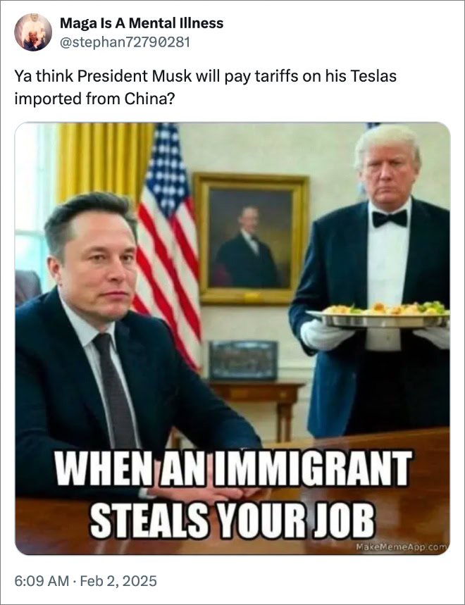 Ya think President Musk will pay tariffs on his Teslas imported from China?