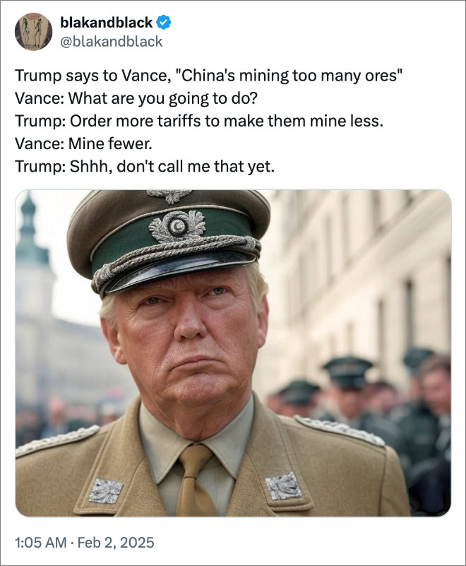 Trump says to Vance, "China's mining too many ores" Vance: What are you going to do? Trump: Order more tariffs to make them mine less. Vance: Mine fewer. Trump: Shhh, don't call me that yet.